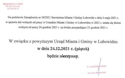 Zdjęcie do Urząd Miasta i Gminy w Lubowidzu w dniu 24.12.21  będzie nieczynny