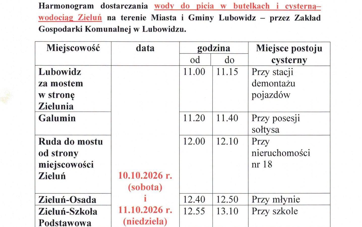 Harmonogram dostarczania wody w gminie Lubowidz